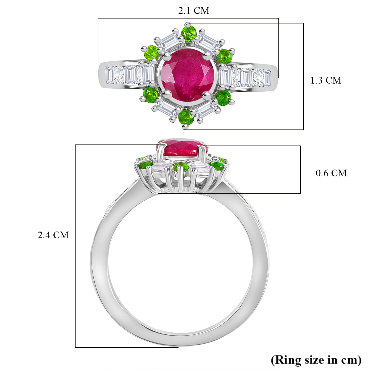 African Ruby, Natural Chrome Diopside &amp; Moissanite Halo Ring in Rhodium Overlay Sterling Silver 2.00 Ct. V32517773 6