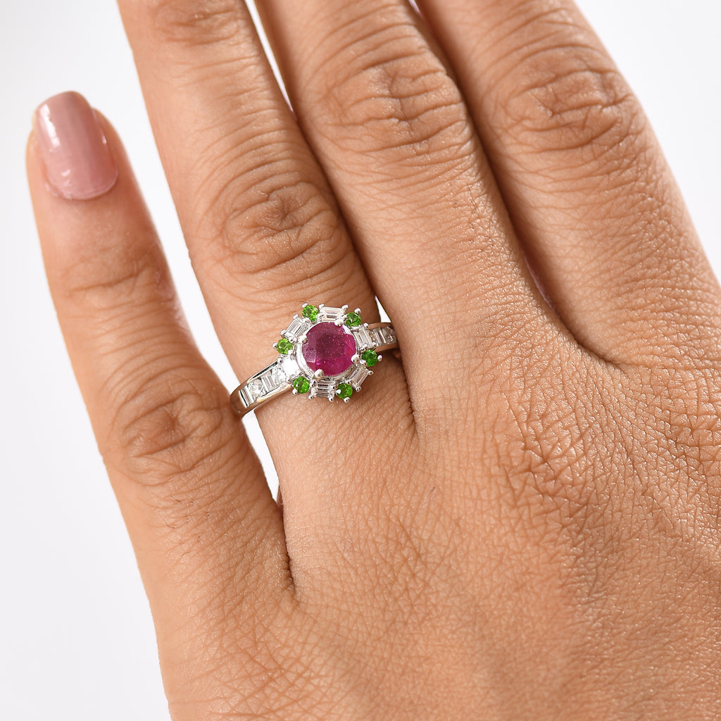 African Ruby, Natural Chrome Diopside, Moissanite Main Stone With Side Stone Ring in Rhodium OverlaySterling Silver  1.998  Ct._8066715_2