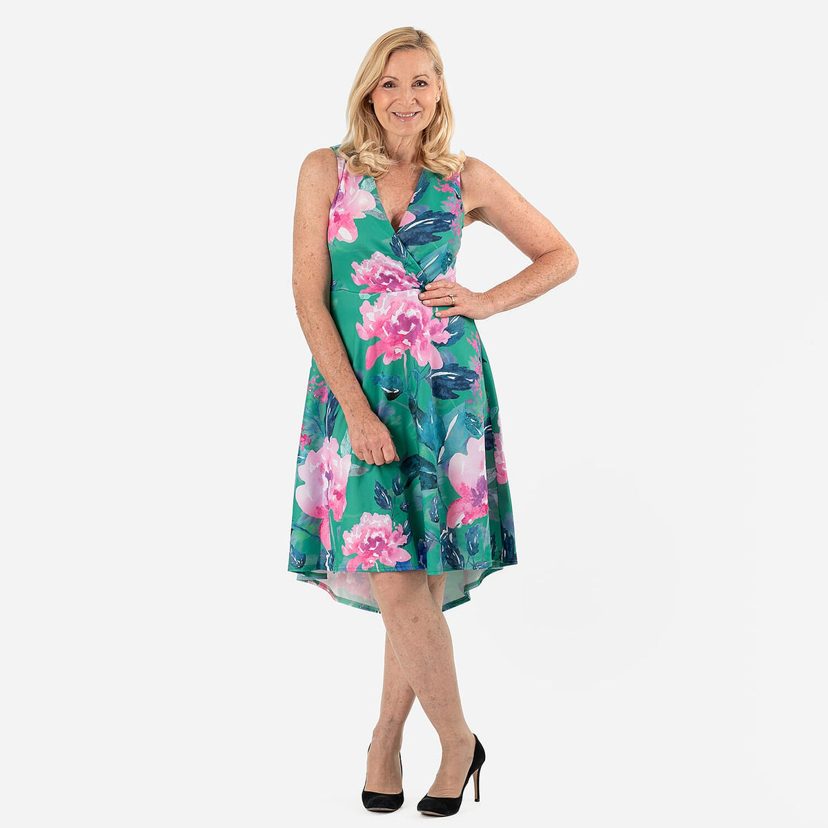 Floral Scatter Print V-Neck Sleeveless Dress (Size - 8) - Green V32568900 1