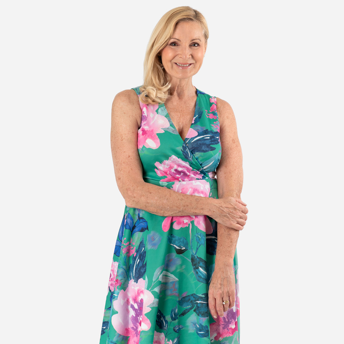 Floral Scatter Print V-Neck Sleeveless Dress (Size - 12) - Green V32527070 0