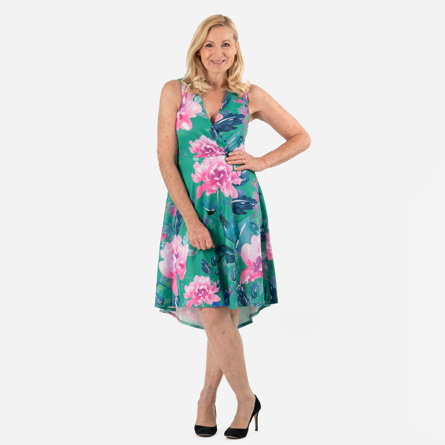 Floral Scatter Print V-Neck Sleeveless Dress (Size - 12) - Green V32527070 1