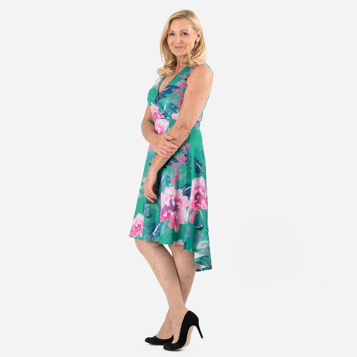 Floral Scatter Print V-Neck Sleeveless Dress (Size - 12) - Green V32527070 2