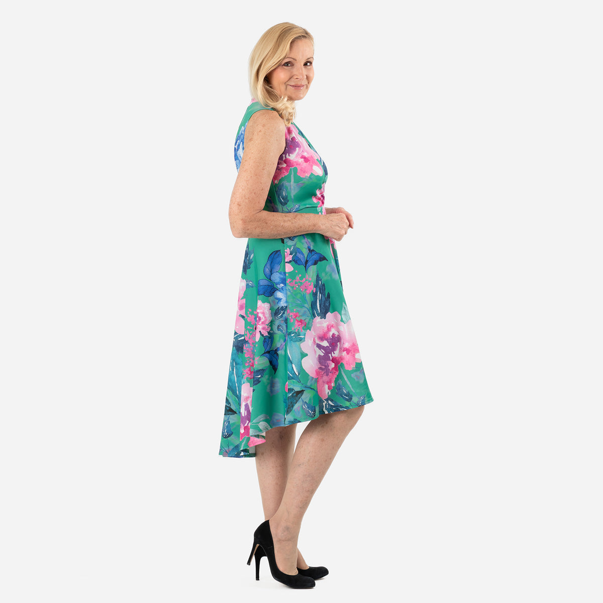 Floral Scatter Print V-Neck Sleeveless Dress (Size - 12) - Green V32527070 4