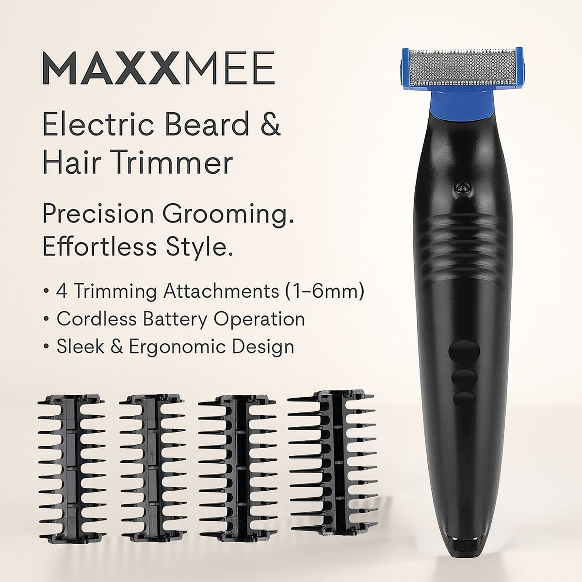 MAXXMEE Electric Beard and Hair Trimmer with 4 Trim Attachments - Black 8066998 1