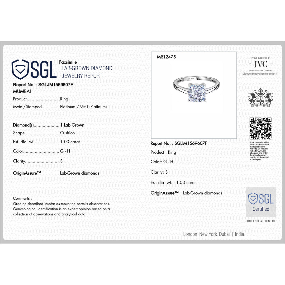 LUXURIANT SGL Certified 1 Ct. Lab Grown Diamond SI G-H Solitaire Ring in 950 Platinum V32605715 7
