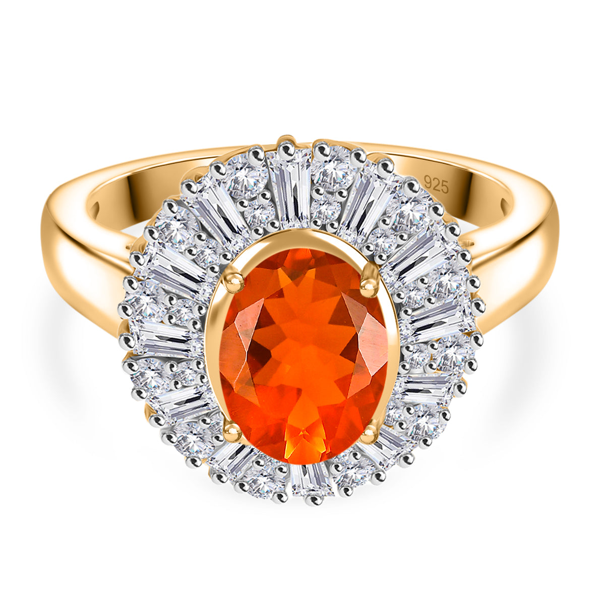 Natural Crimson Fire Opal, Moissanite Sunburst Ring in 18K Vermeil Yellow Gold Over Sterling Silver 1.61 Ct. 8067904 0