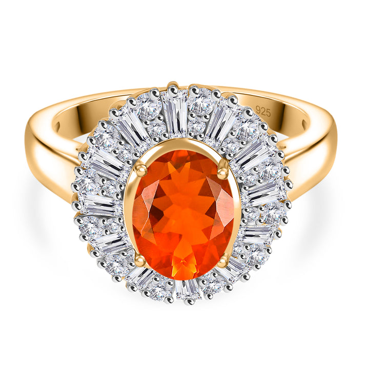 Natural Crimson Fire Opal, Moissanite Sunburst Ring in 18K Vermeil Yellow Gold Over Sterling Silver 1.61 Ct. 8067904 1