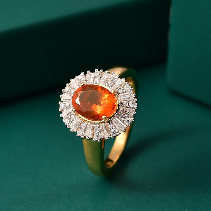 Natural Crimson Fire Opal, Moissanite Sunburst Ring in 18K Vermeil Yellow Gold Over Sterling Silver 1.61 Ct. 8067904 2