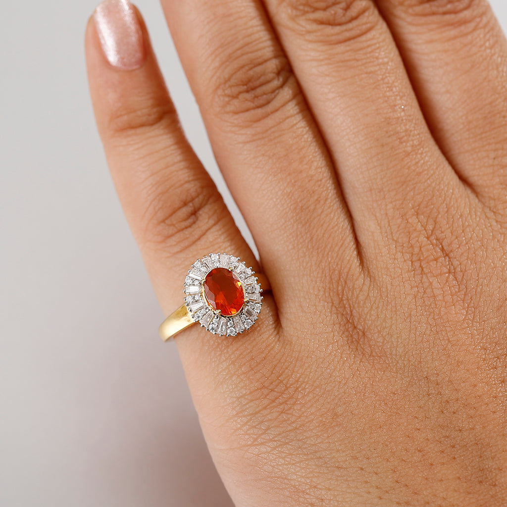 Natural Crimson Fire Opal & Moissanite Sunburst Ring in 18K Vermeil Yellow Gold Overlay Sterling Silver 1.61 Ct._8067904_2