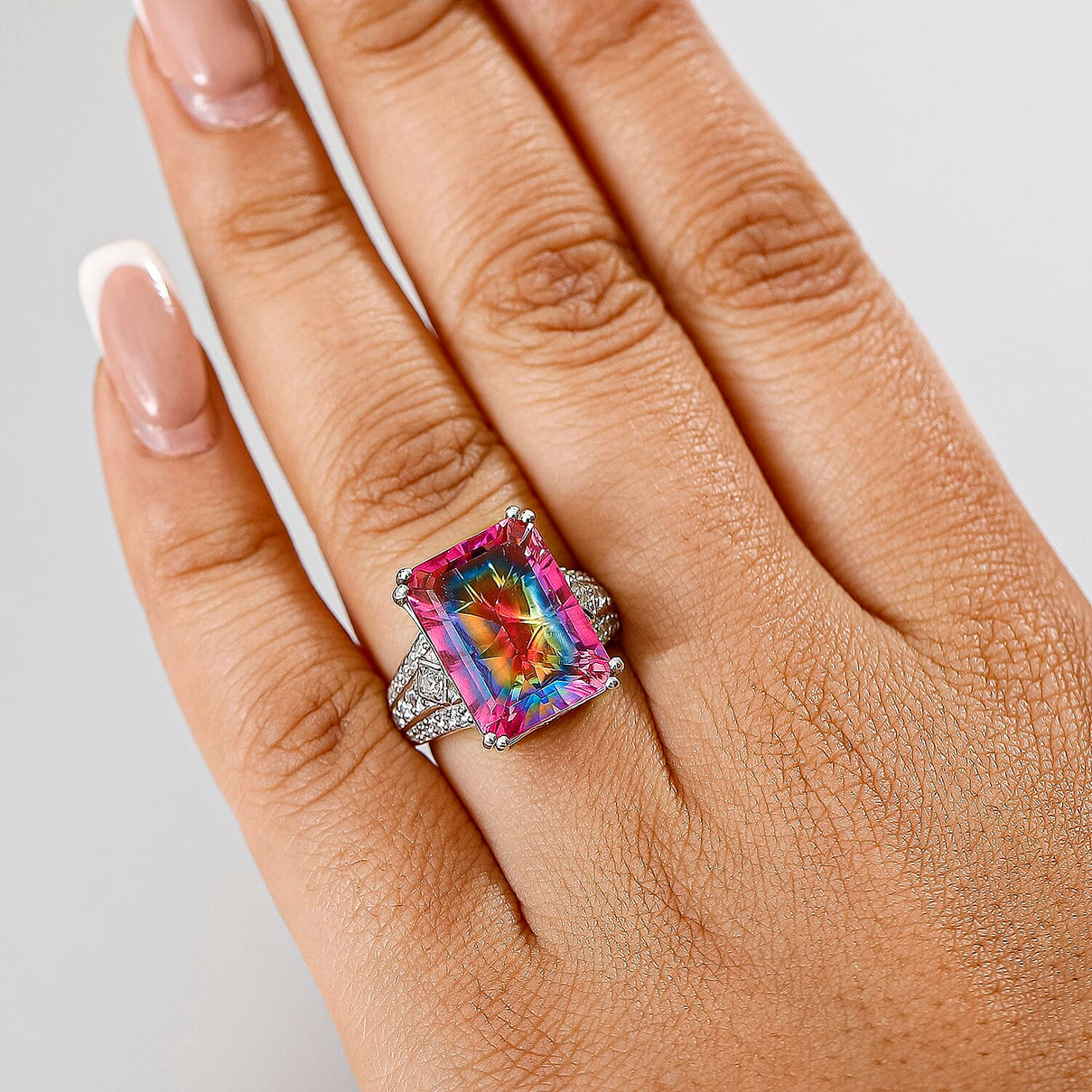 Galaxy Glow Nebula Quartz &amp; White Zircon Ring in Rhodium Overlay Sterling Silver 12.20 Ct. V32540124 3