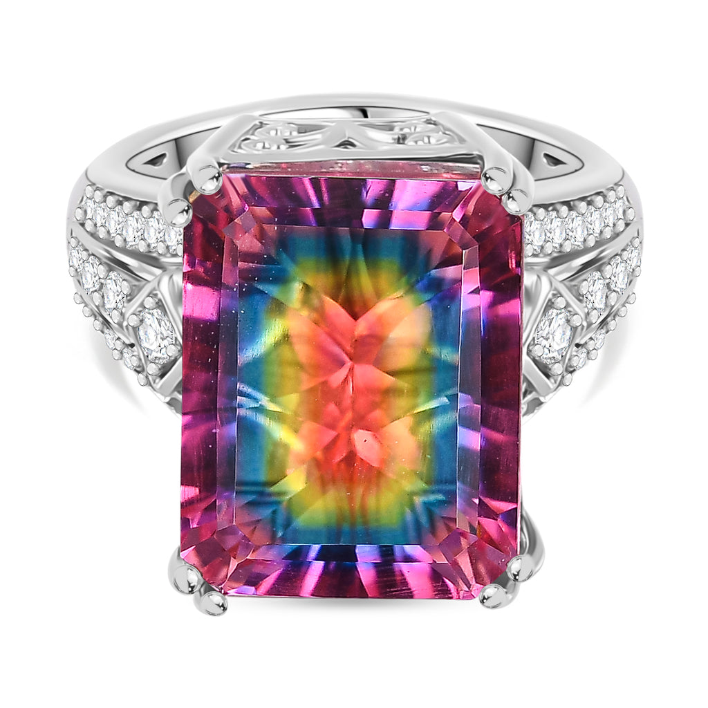 Galaxy Glow Nebula Quartz & White Zircon Ring in Rhodium Overlay Sterling Silver 12.20 Ct._8068174