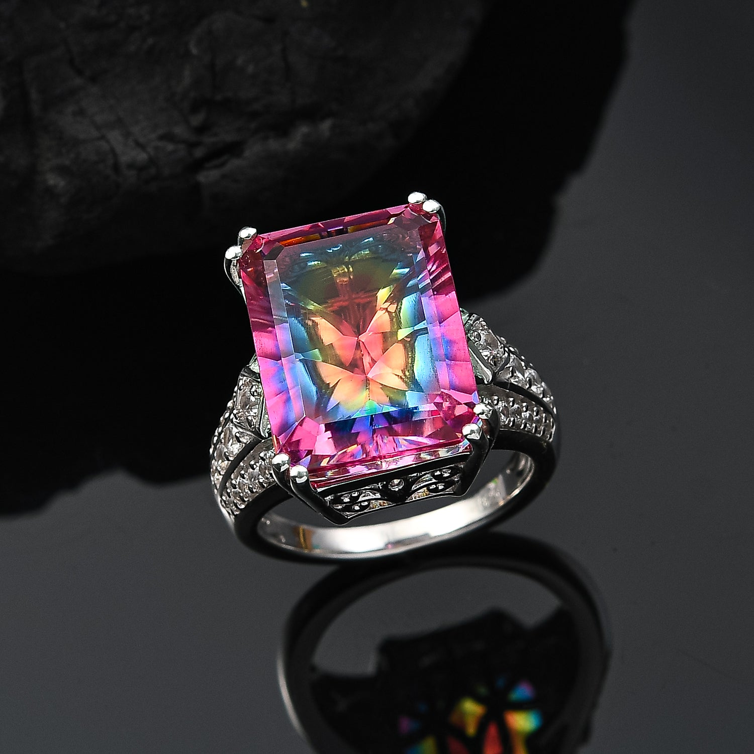 Galaxy Glow Nebula Quartz &amp; White Zircon Ring in Rhodium Overlay Sterling Silver 12.20 Ct. V32521147 2