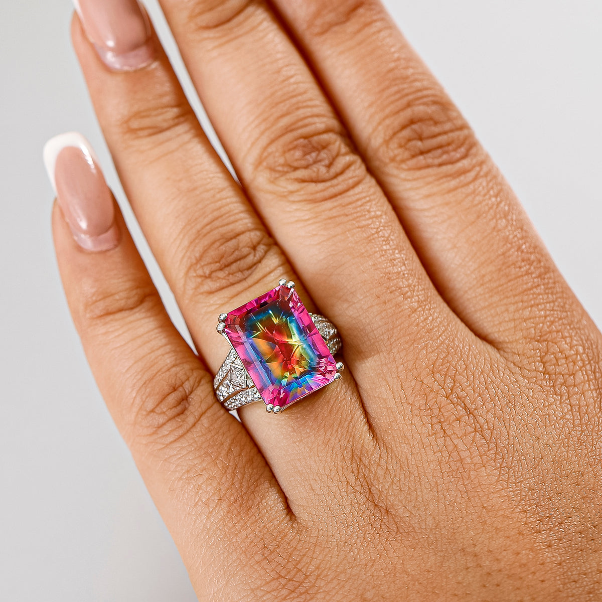 Galaxy Glow Nebula Quartz &amp; White Zircon Ring in Rhodium Overlay Sterling Silver 12.20 Ct. V32521147 3