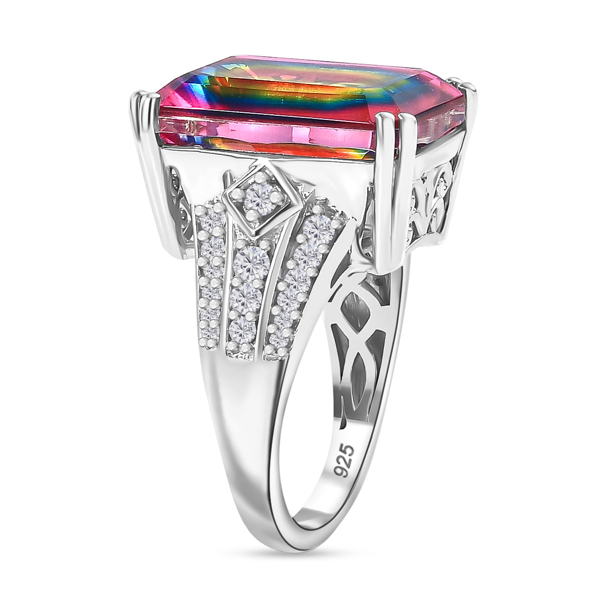 Galaxy Glow Nebula Quartz &amp; White Zircon Ring in Rhodium Overlay Sterling Silver 12.20 Ct. V32521147 4