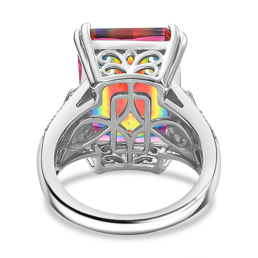 Galaxy Glow Nebula Quartz & White Zircon Ring in Rhodium Overlay Sterling Silver 12.20 Ct._8068174_4