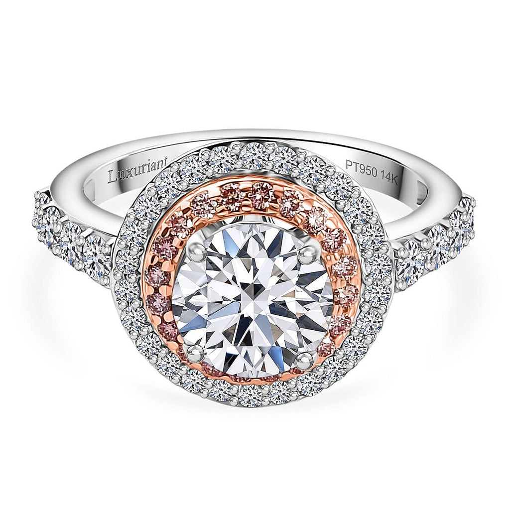 FOTM - Luxuriant Diamond - IGI Certified 950 Platinum and 14K Rose Gold (2 Ct Round Solitiare) (VS-EF) Lab Grown Pink Diamond Ring 3.00 Ct.