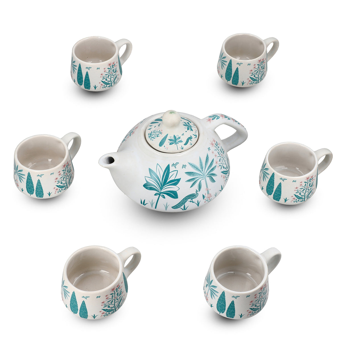 7-Piece Hand-Painted Ceramic Set - 1 Tea-Coffee Pot &amp; 6 Cups in Display Box - Green 8070436 0