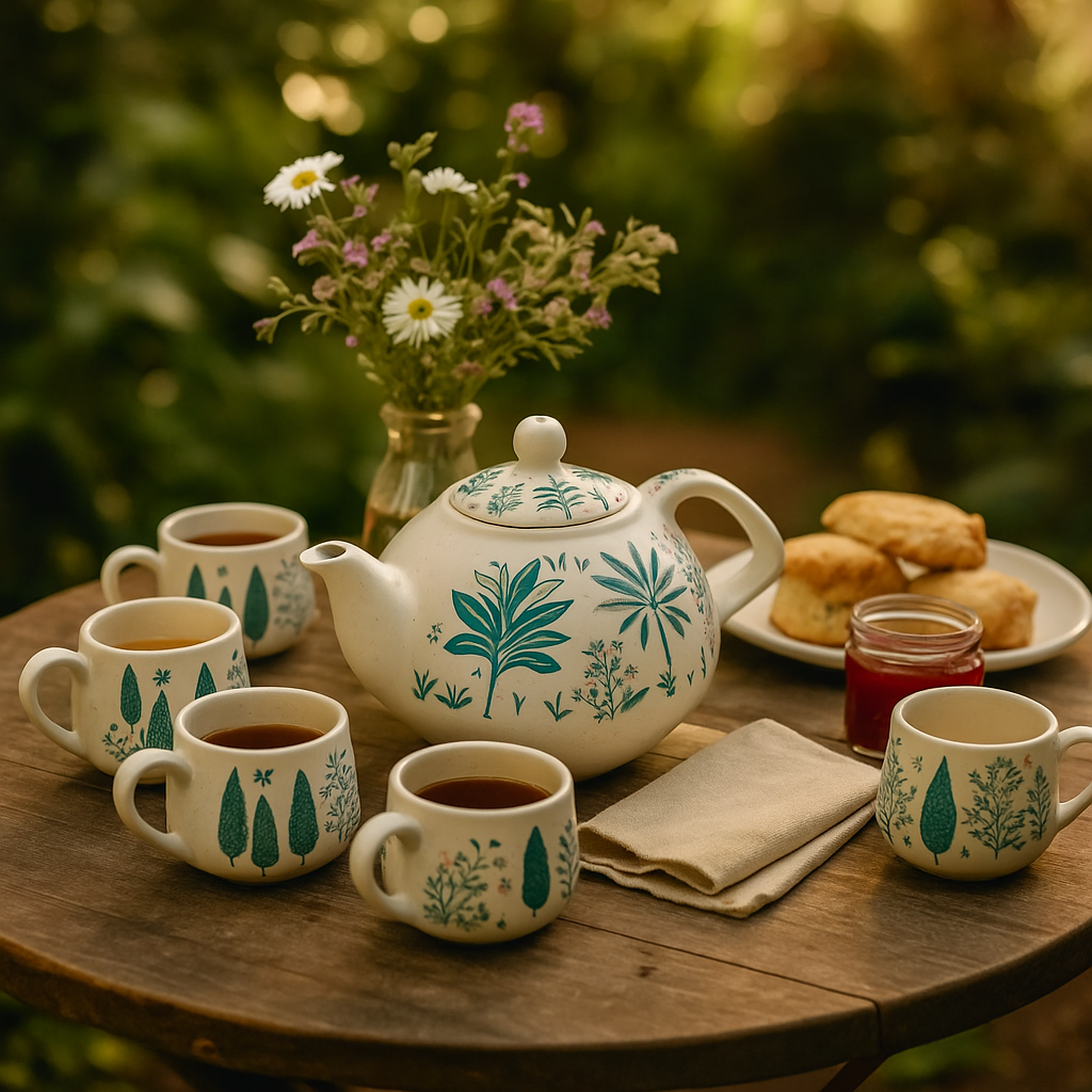 7-Piece Hand-Painted Ceramic Set - 1 Tea-Coffee Pot &amp; 6 Cups in Display Box - Green 8070436 2