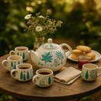 7-Piece Hand-Painted Ceramic Set - 1 Tea/Coffee Pot & 6 Cups in Display Box - Green_8070436_1