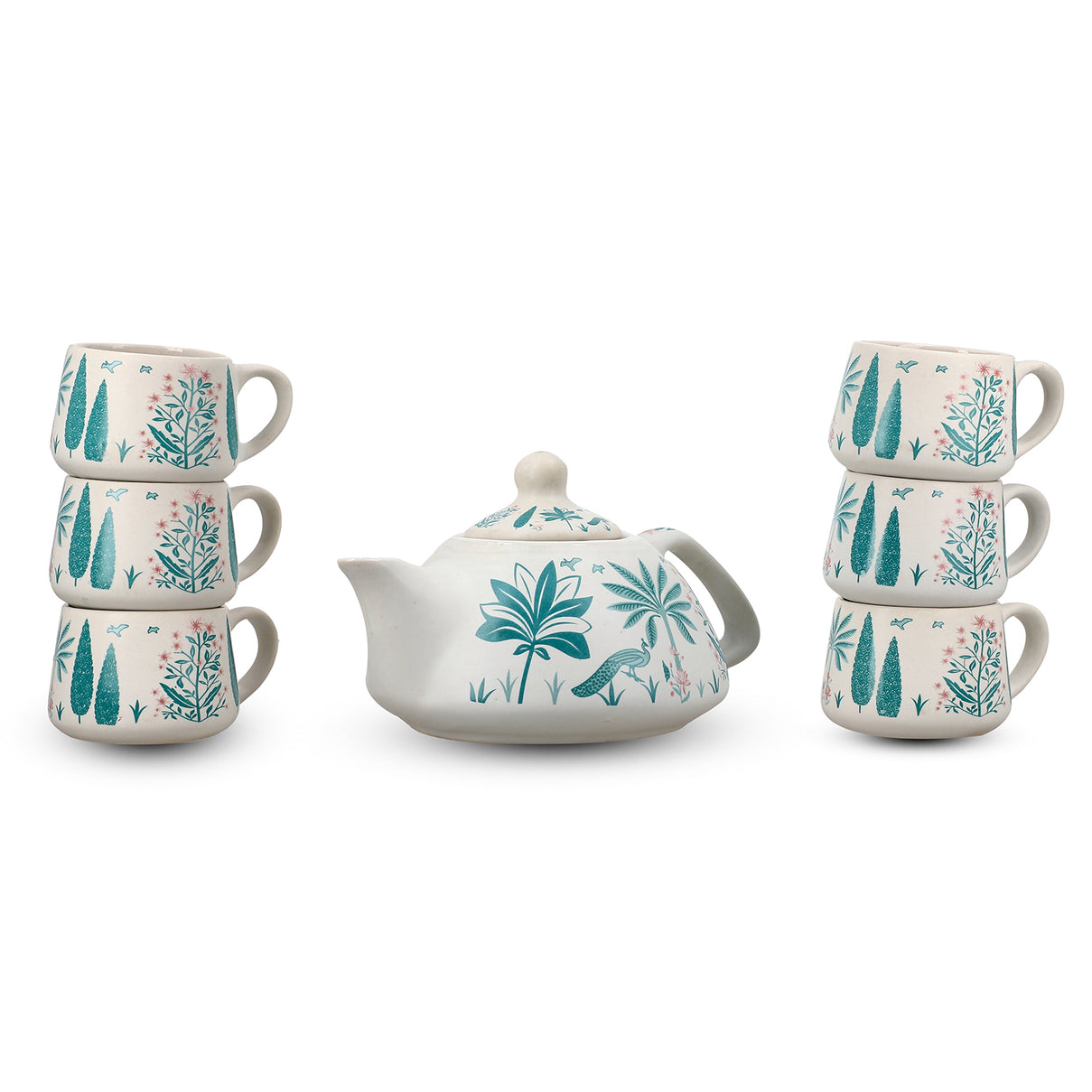 7-Piece Hand-Painted Ceramic Set - 1 Tea-Coffee Pot &amp; 6 Cups in Display Box - Green 8070436 3