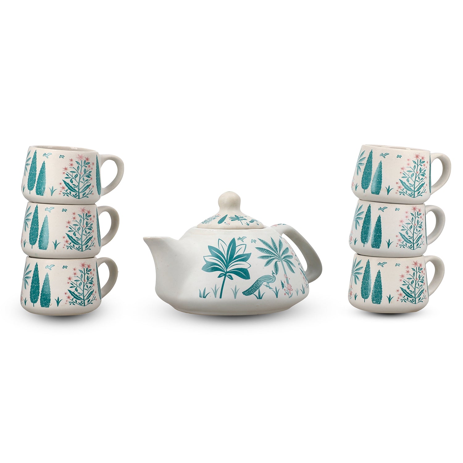7-Piece Hand-Painted Ceramic Set - 1 Tea-Coffee Pot &amp; 6 Cups in Display Box - Green 8070436 3
