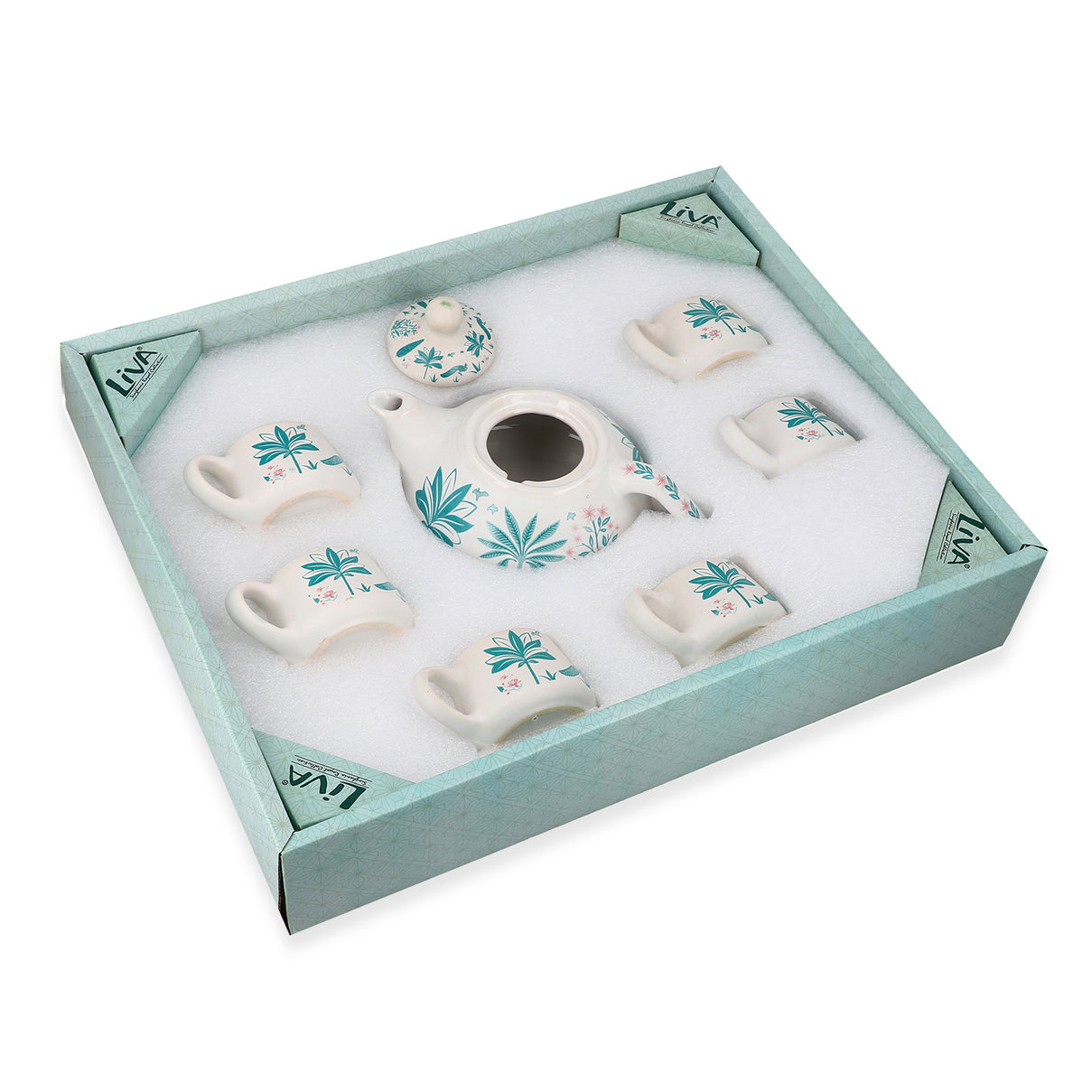 7-Piece Hand-Painted Ceramic Set - 1 Tea-Coffee Pot &amp; 6 Cups in Display Box - Green 8070436 6