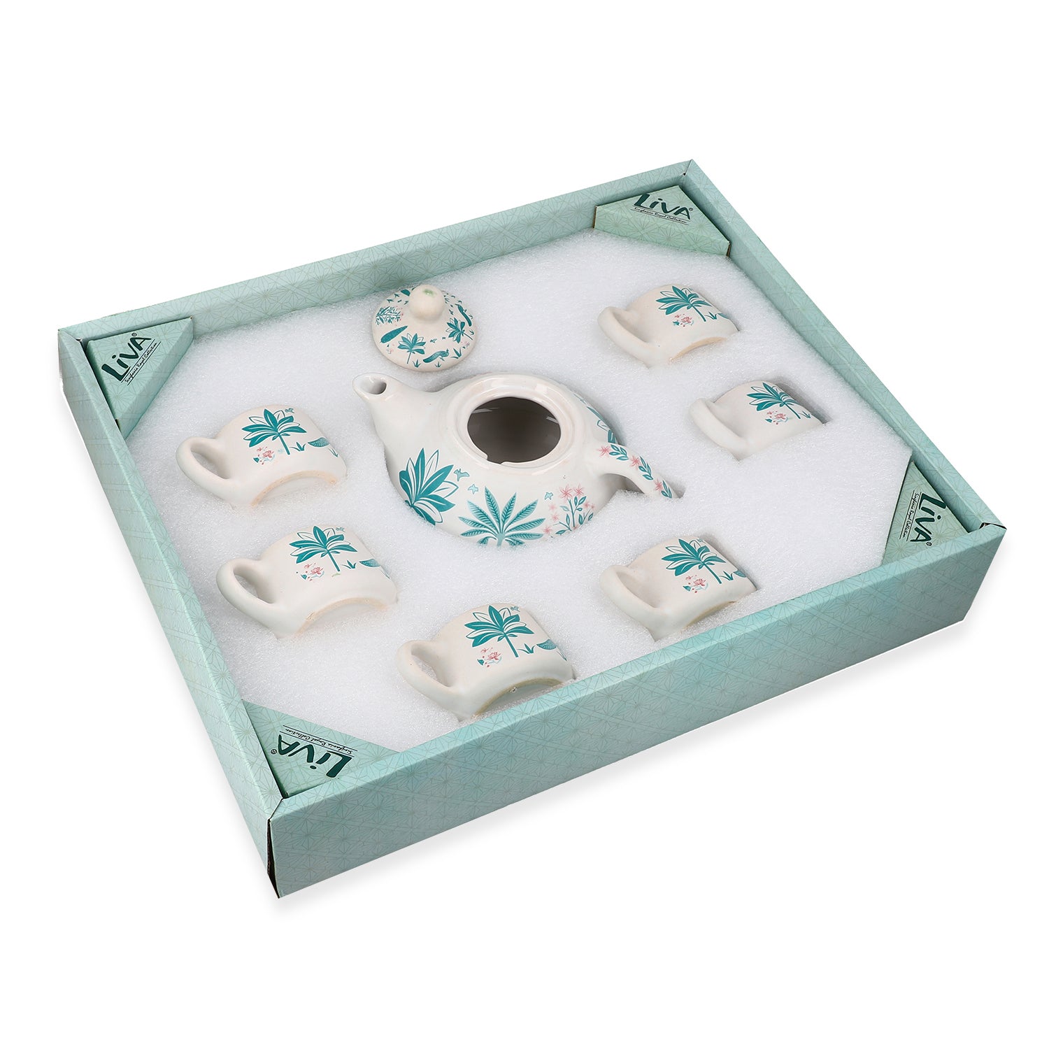 7-Piece Hand-Painted Ceramic Set - 1 Tea-Coffee Pot &amp; 6 Cups in Display Box - Green 8070436 6