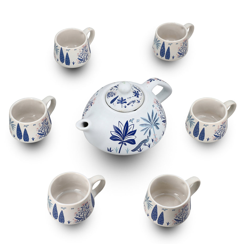 7-Piece Hand-Painted Ceramic Set - 1 Tea/Coffee Pot & 6 Cups in Display Box - Blue_8070437