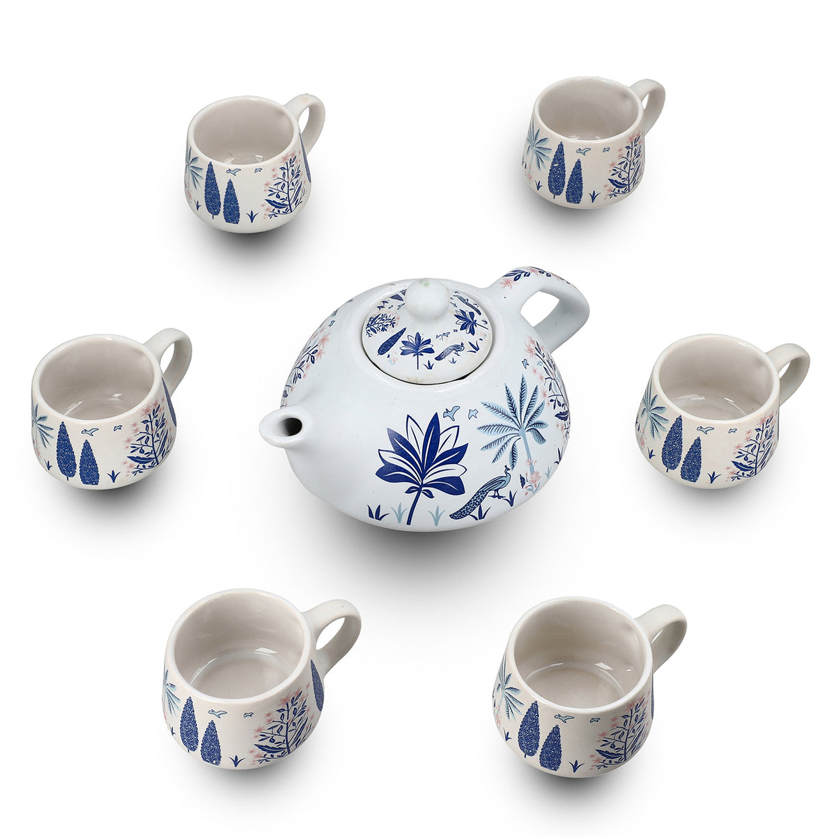 7-Piece Hand-Painted Ceramic Set (Incl. 1 Tea-Coffee Pot &amp; 6 Cups in Display Box) - Blue V32637086 0