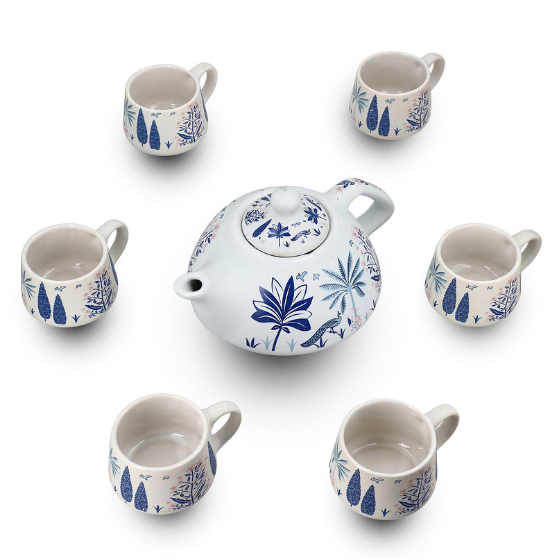7-Piece Hand-Painted Ceramic Set - 1 Tea/Coffee Pot & 6 Cups in Display Box - Blue_8070437