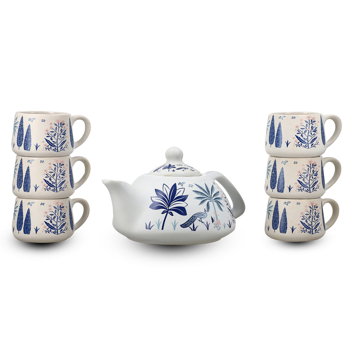 7-Piece Hand-Painted Ceramic Set (Incl. 1 Tea-Coffee Pot &amp; 6 Cups in Display Box) - Blue V32637086 2