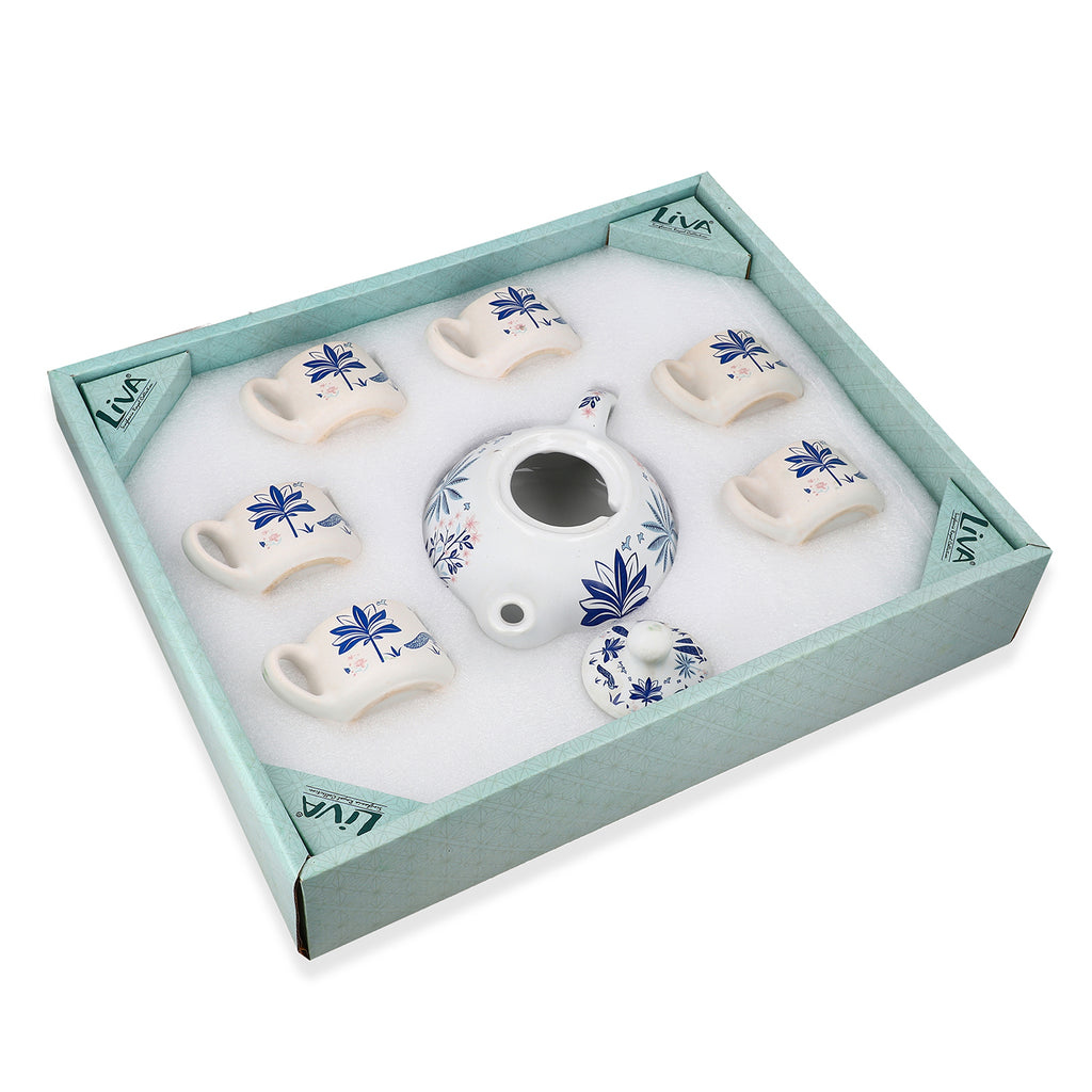 7-Piece Hand-Painted Ceramic Set - 1 Tea/Coffee Pot & 6 Cups in Display Box - Blue_8070437_5