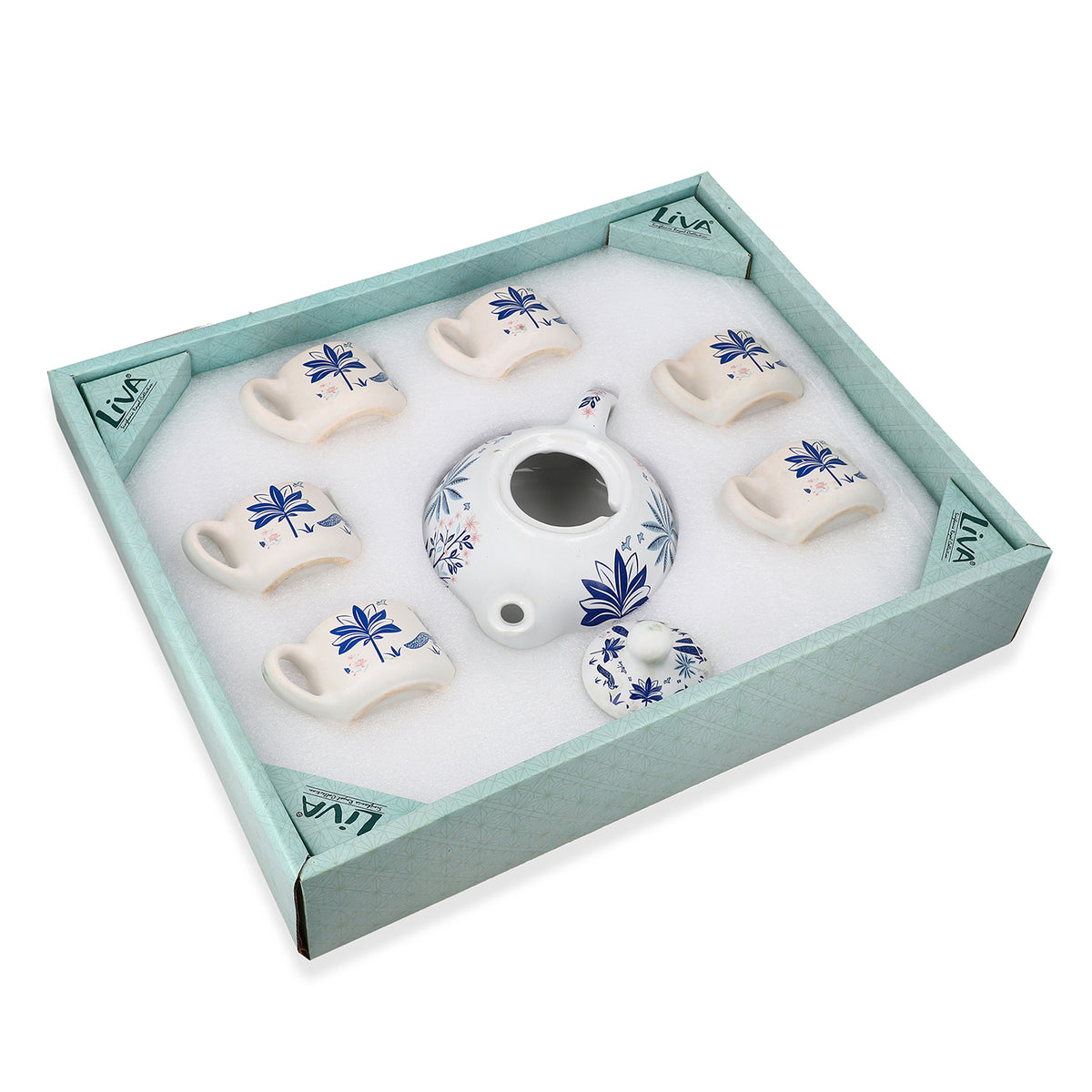 7-Piece Hand-Painted Ceramic Set (Incl. 1 Tea-Coffee Pot &amp; 6 Cups in Display Box) - Blue V32637086 5