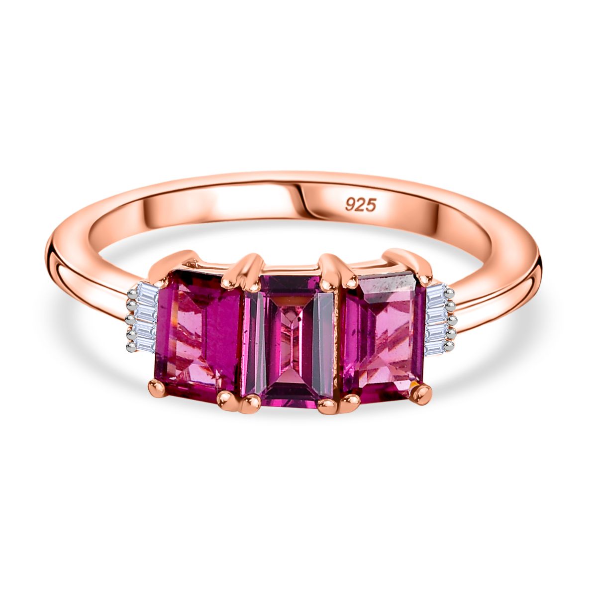 Radiant Ember Garnet, White Diamond Trilogy Ring in 18K Vermeil Rose Gold Plated Sterling Silver 2.18 Ct. V32521889 0