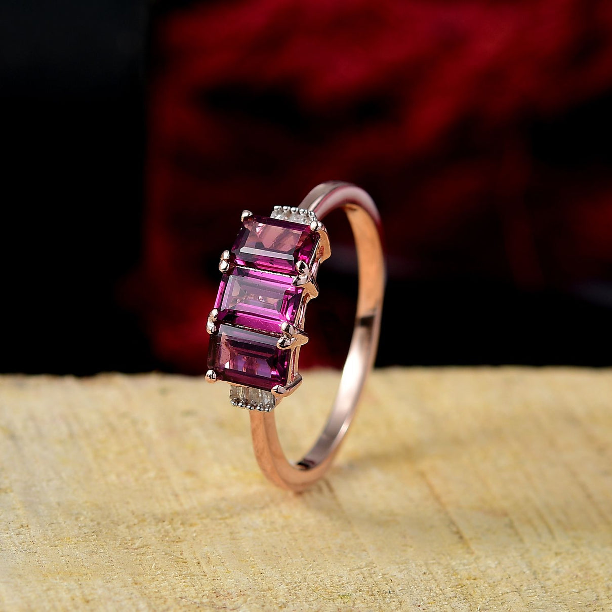 Radiant Ember Garnet, White Diamond Trilogy Ring in 18K Vermeil Rose Gold Plated Sterling Silver 2.18 Ct. V32521889 2