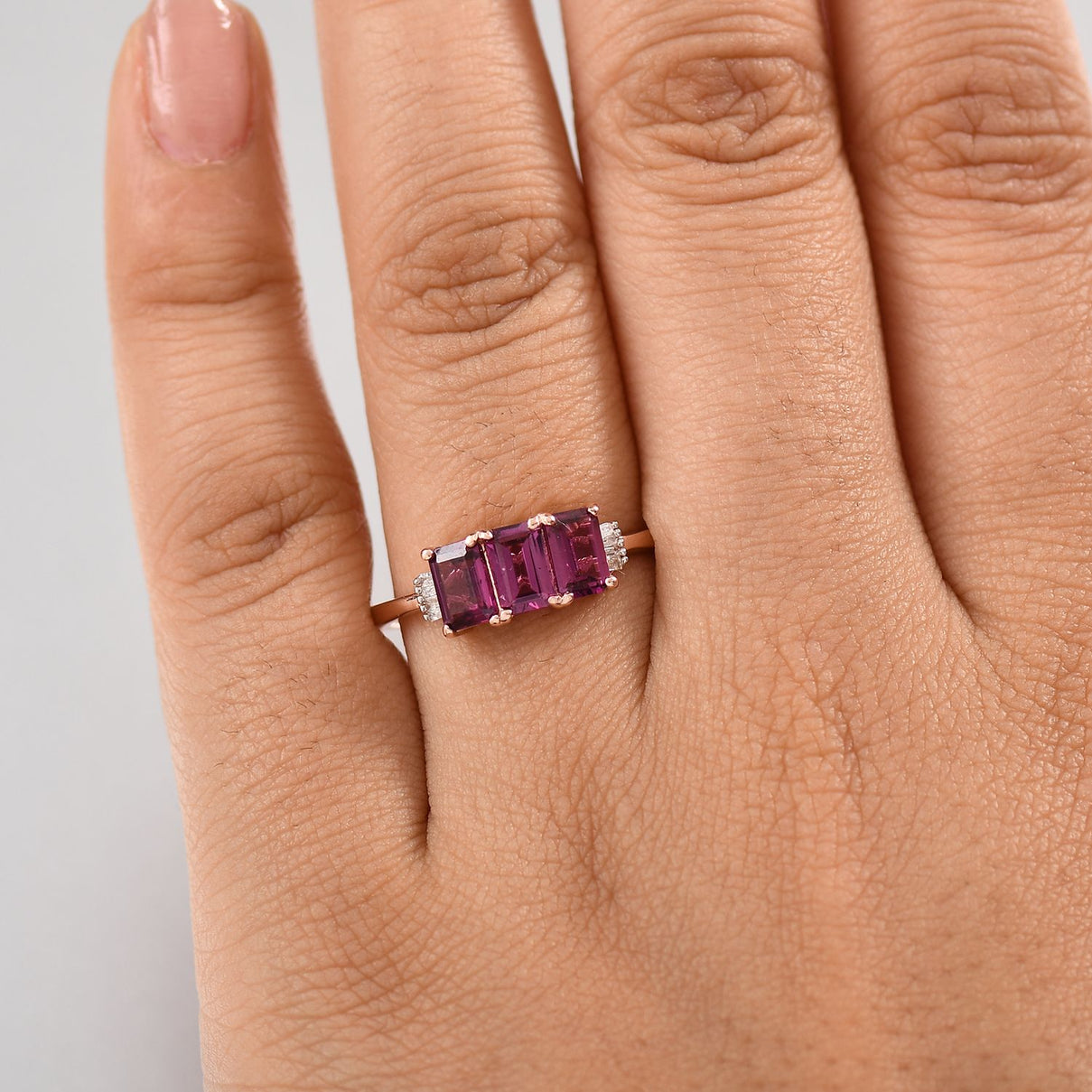 Radiant Ember Garnet, White Diamond Trilogy Ring in 18K Vermeil Rose Gold Plated Sterling Silver 2.18 Ct. V32521889 3