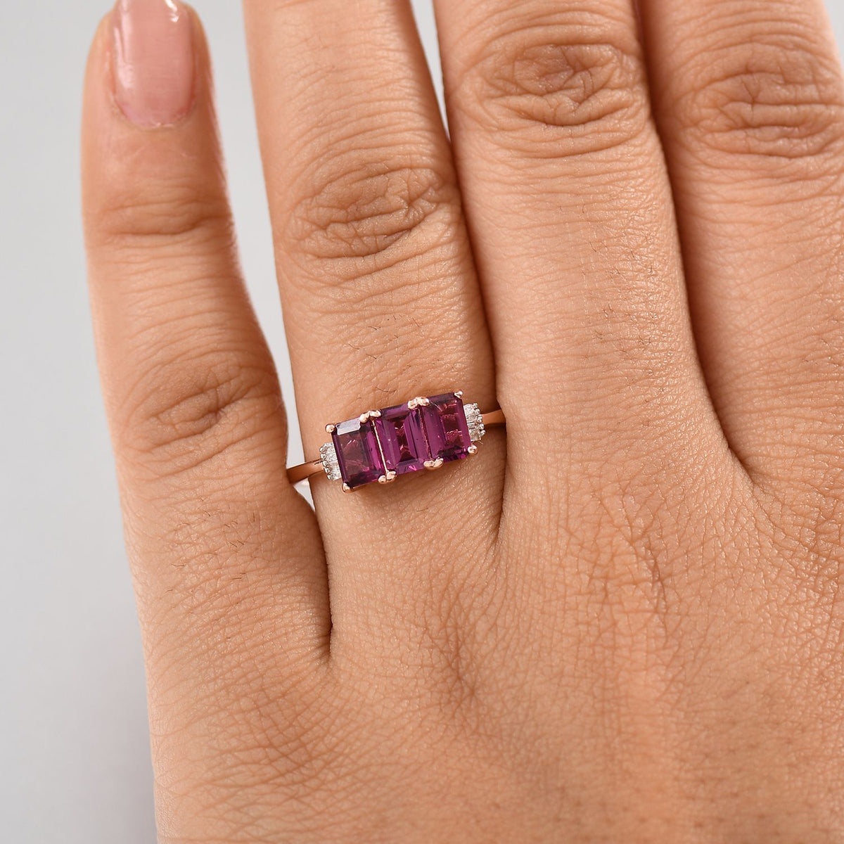 Radiant Ember Garnet, White Diamond Trilogy Ring in 18K Vermeil Rose Gold Plated Sterling Silver 2.18 Ct. V32521889 3