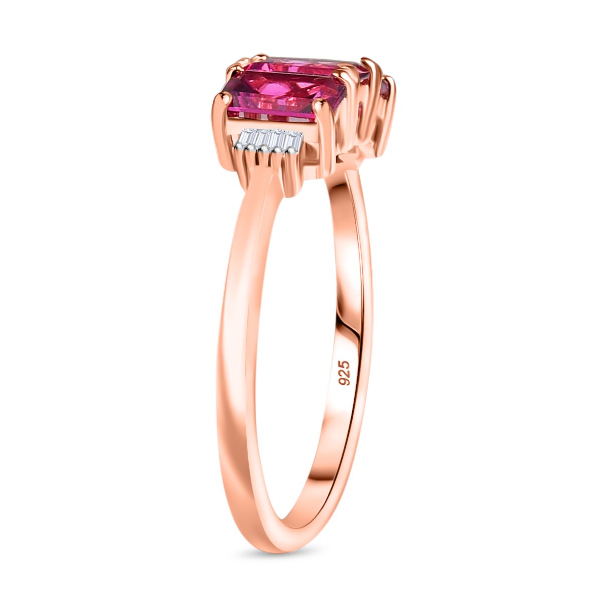 Radiant Ember Garnet, White Diamond Trilogy Ring in 18K Vermeil Rose Gold Plated Sterling Silver 2.18 Ct. V32521889 4