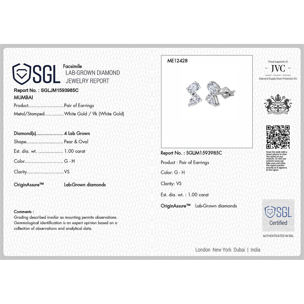 Designer Inspired - THE TOI ET MOI Luxuriant Diamond 9K White Gold SGL Certified VS-GH  Lab Grown Diamond (VS-G-H) Earring 1.01 Ct.