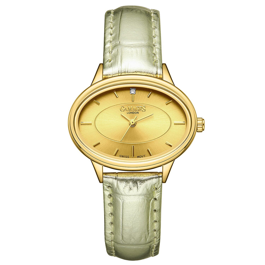 GAMAGES OF LONDON Limited Edition Hand Assembled Swiss Quartz Movement Serene Diamond Ladies Watch with Leather Strap in Gold Champagne_8075391