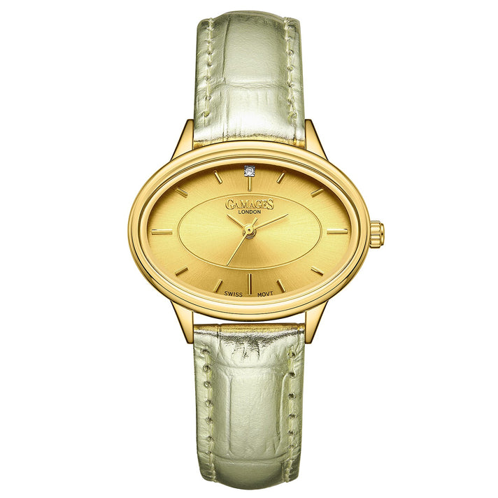 GAMAGES OF LONDON Limited Edition Hand Assembled Swiss Quartz Movement Serene Diamond Ladies Watch with Leather Strap in Gold Champagne 8075391 1