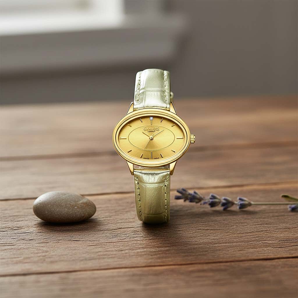 GAMAGES OF LONDON Limited Edition Hand Assembled Swiss Quartz Movement Serene Diamond Ladies Watch with Leather Strap in Gold Champagne V32519671 1