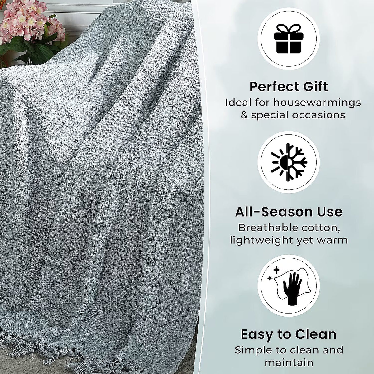 Home Smart 100% Cotton Waffle Throw Blanket with Fringes (180x130 cm) - Grey 8076553 4