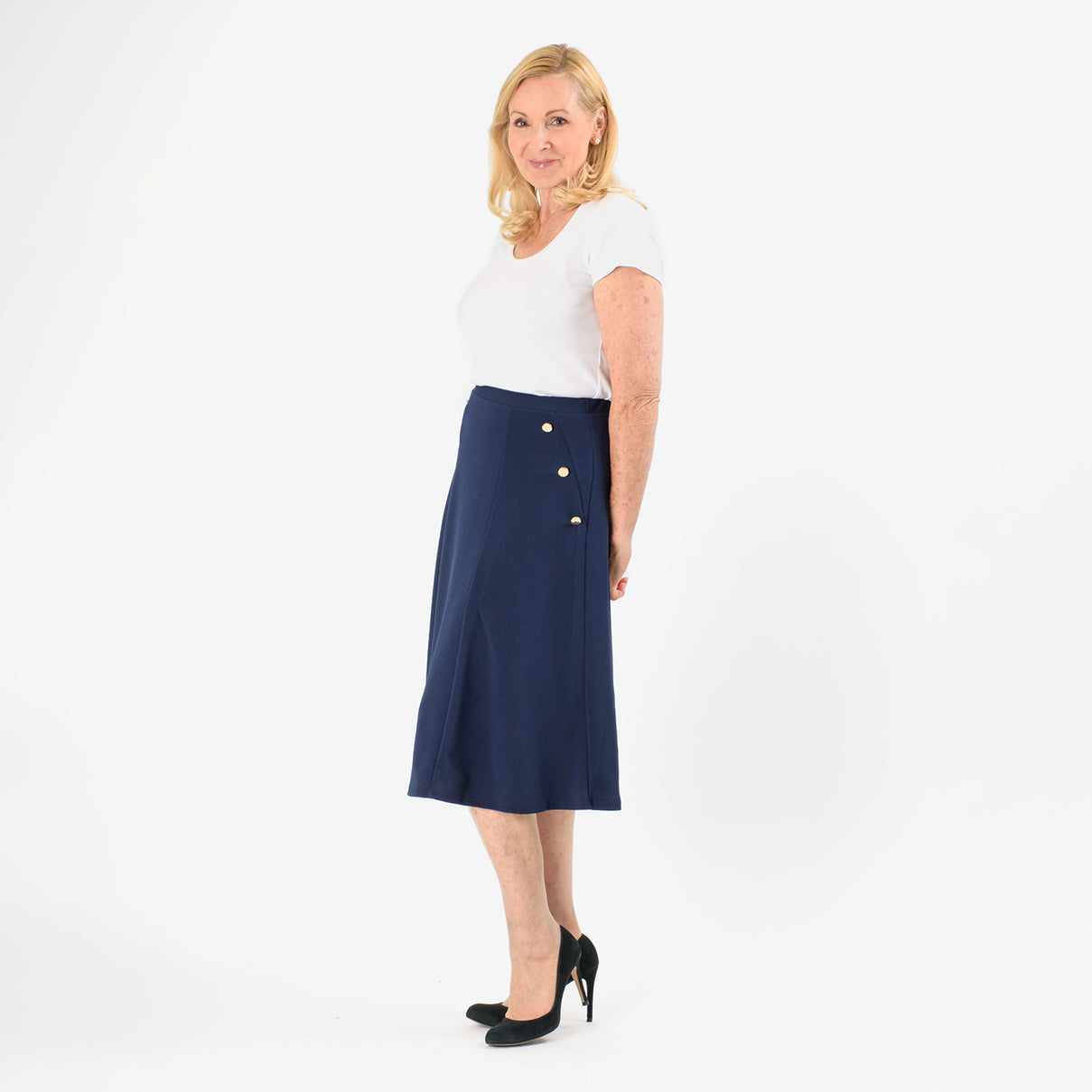 Anonymous A-Line Midi Skirt with Gold Button Detail (Size 20) - Navy 8079705 3