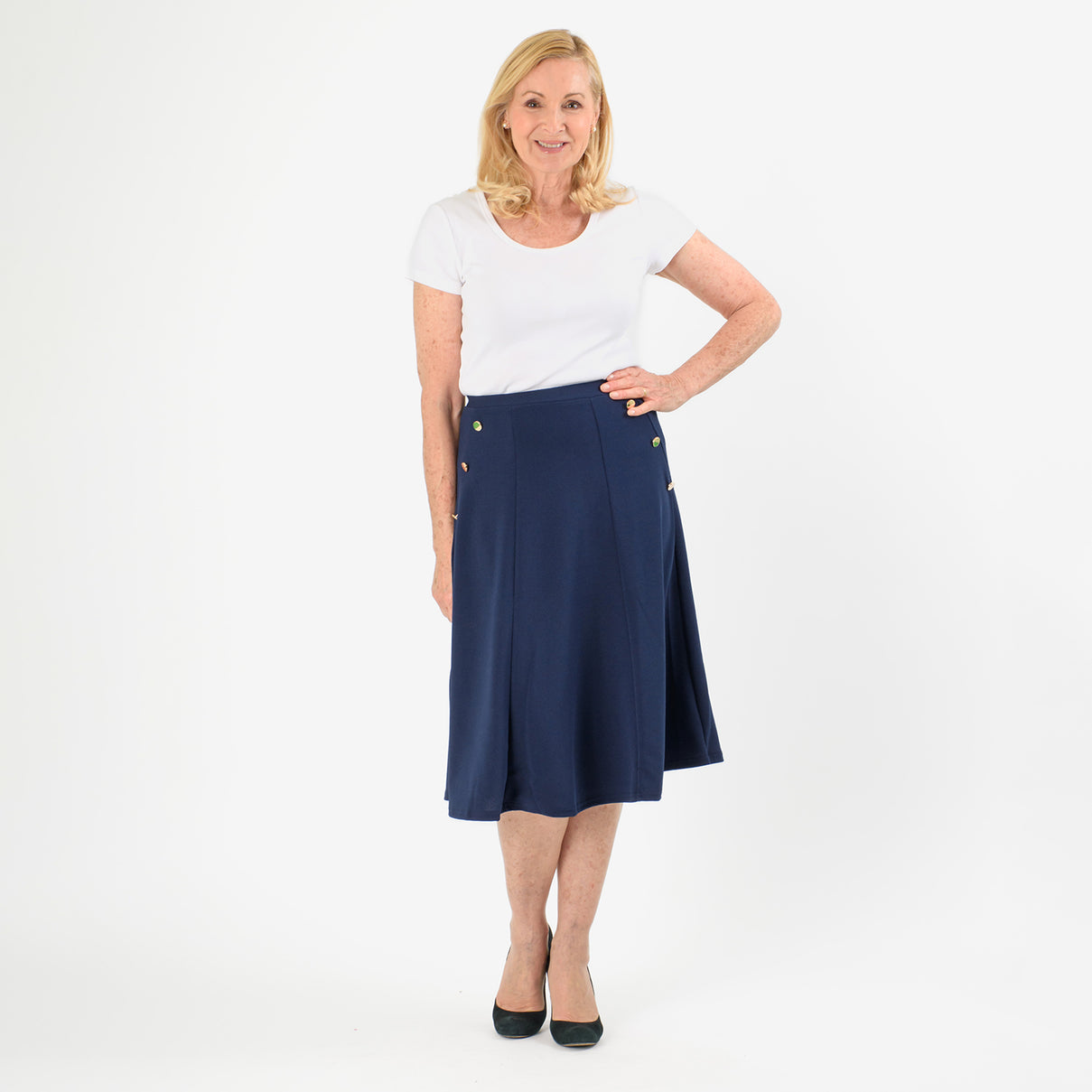 Anonymous A-Line Midi Skirt with Gold Button Detail (Size 20) - Navy 8079705 4