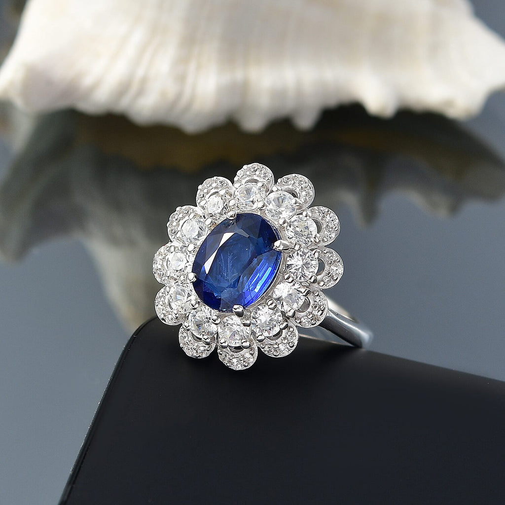 Natural Kashmir Kyanite & White Zircon Cluster Ring in Rhodium Overlay Sterling Silver 3.77 Ct._8083198_1