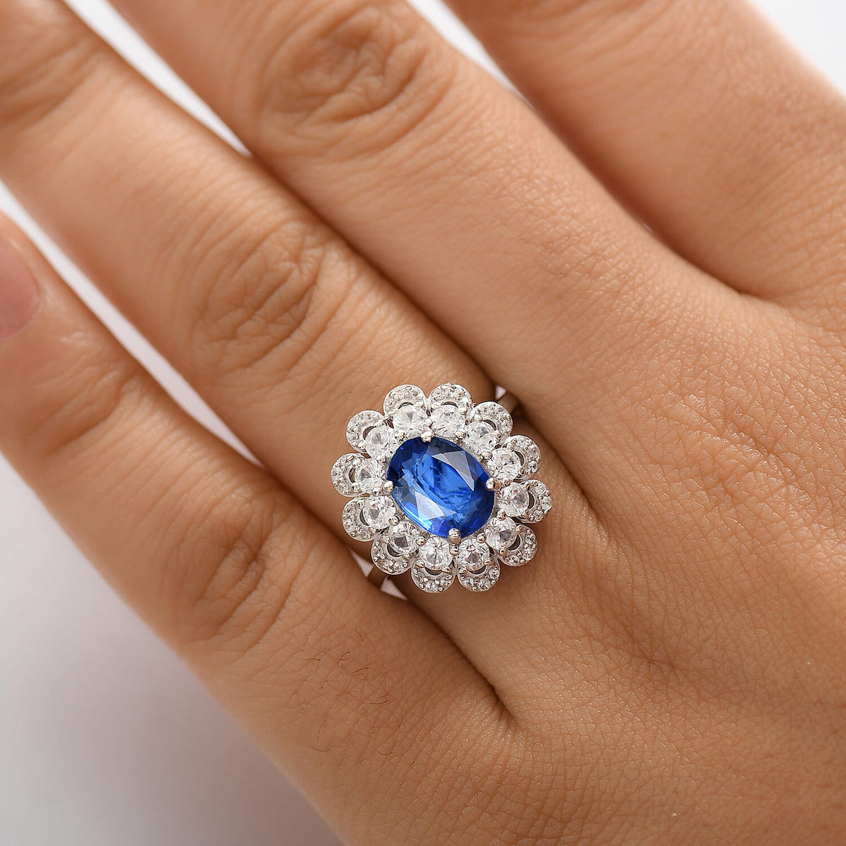 Natural Kashmir Kyanite, White Zircon Floral Ring in Rhodium Overlay Sterling Silver 3.76 Ct. V32540083 3