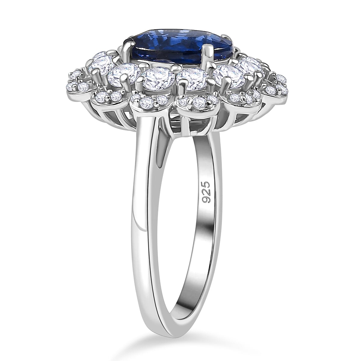 Natural Kashmir Kyanite, White Zircon Floral Ring in Rhodium Overlay Sterling Silver 3.76 Ct. V32540083 4