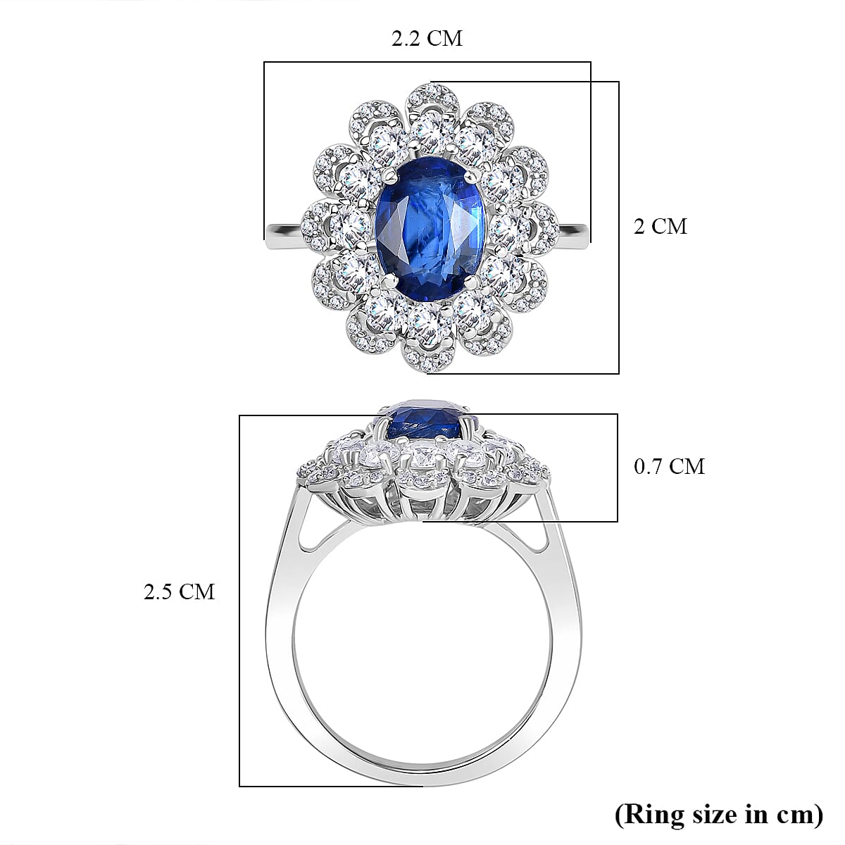 Natural Kashmir Kyanite, White Zircon Floral Ring in Rhodium Overlay Sterling Silver 3.76 Ct. V32540083 6