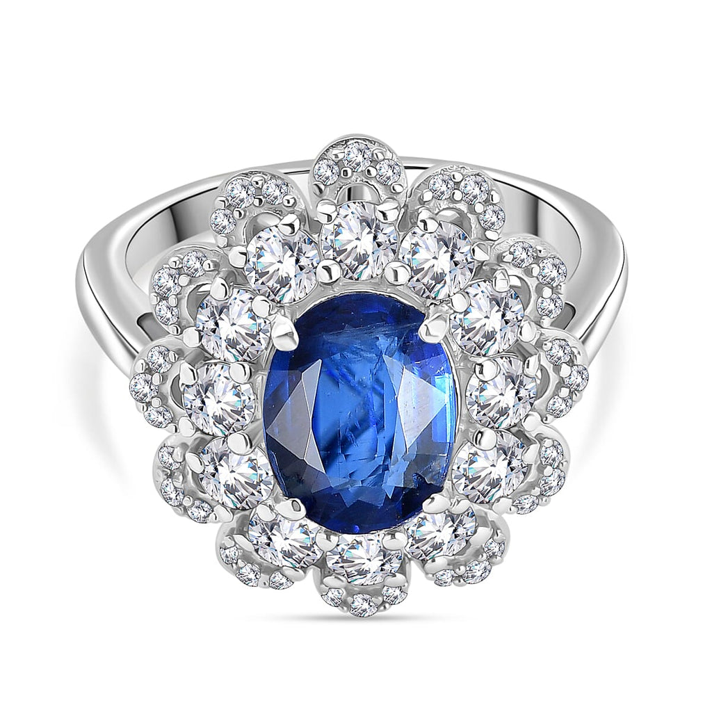 Natural Kashmir Kyanite & White Zircon Cluster Ring in Rhodium Overlay Sterling Silver 3.77 Ct._8083199